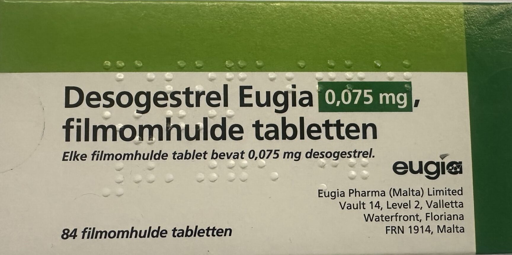 Verpakking van Desogestrel 0,075 mg Eugia anticonceptiepil – oestrogeenvrije minipil voor dagelijks gebruik