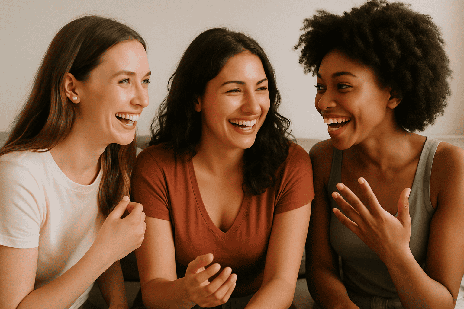 Drie jonge vrouwen lachen en praten openhartig samen op de bank praten over de anticonceptiepil