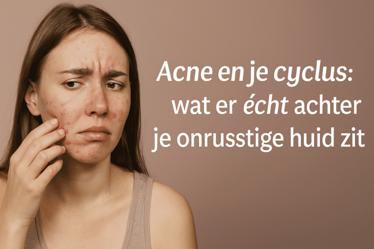 Jonge vrouw met hormonale acne onderzoekt relatie tussen puistjes en menstruatiecyclus; blog over de rol van anticonceptiepil bij huidproblemen