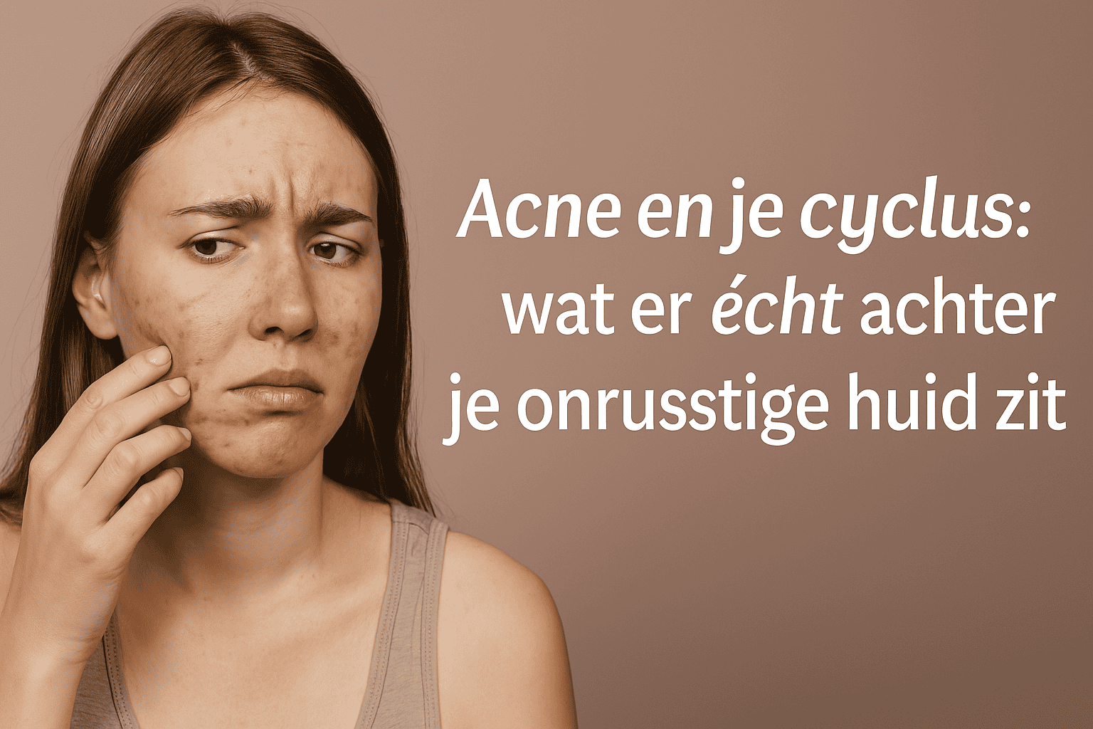 Jonge vrouw met hormonale acne onderzoekt relatie tussen puistjes en menstruatiecyclus; blog over de rol van anticonceptiepil bij huidproblemen