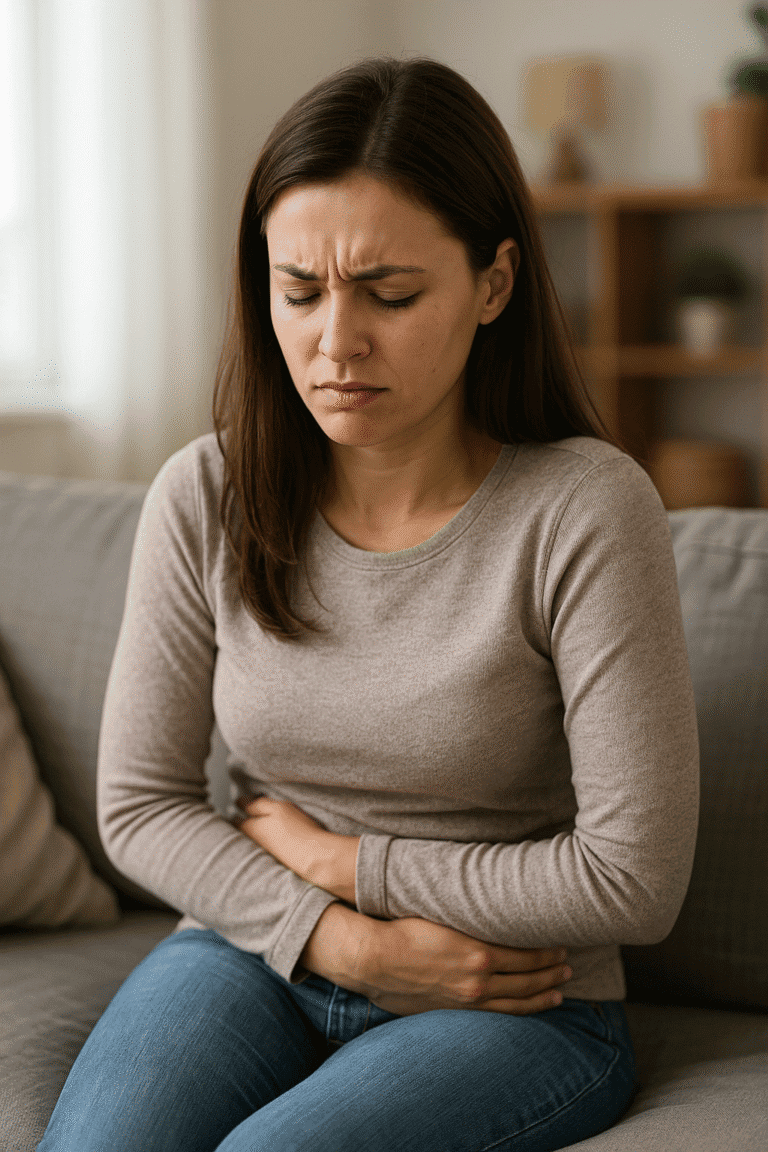 Jonge vrouw met buikpijn zit op de bank thuis — symptomen van endometriose of PCOS, mogelijk geholpen door de anticonceptiepil