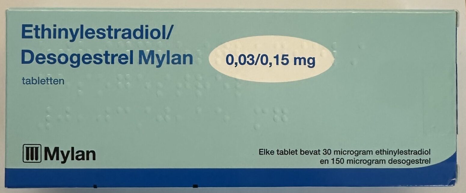 Verpakking Ethinylestradiol/Desogestrel 0,03/0,15 mg Mylan tabletten.
