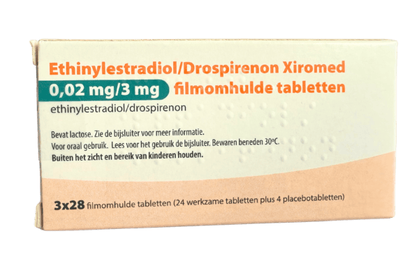 Verpakking van Xiromed ethinylestradiol en drospirenon 0,02 mg / 3 mg lichte anticonceptiepil.
