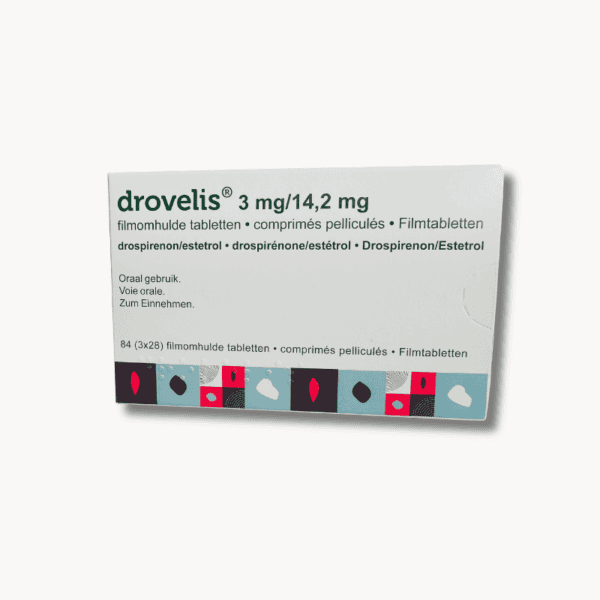 Verpakking van Drovelis anticonceptiepil met 3 strips voor 3 maanden van Gedeon Richter.
