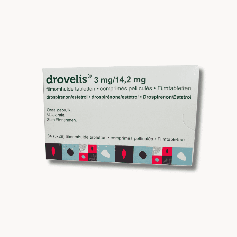 Verpakking van Drovelis anticonceptiepil met 3 strips voor 3 maanden van Gedeon Richter.