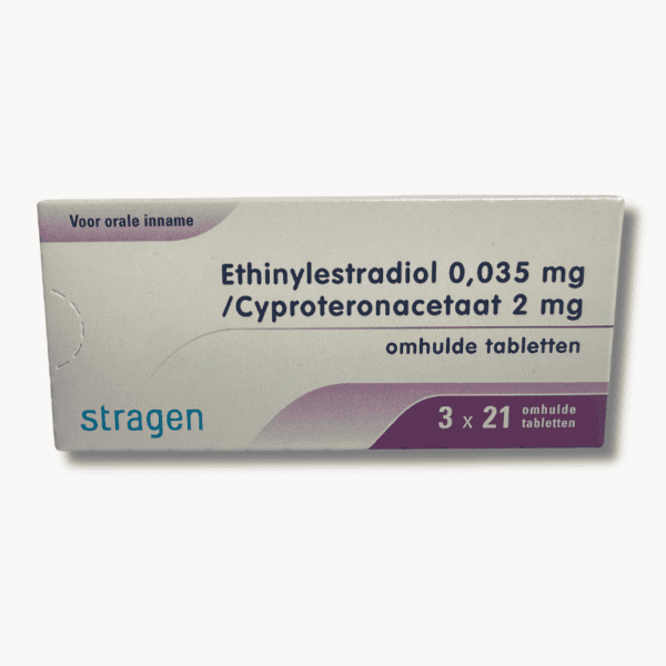 Een verpakking van Ethinylestradiol Cyproteronacetaat 0,035mg/2mg voor een standaard voorraad van 3 maanden bij Zekervandepil.