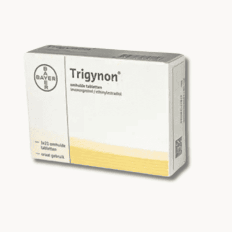 Een verpakking van de Trigynon anticonceptiepil voor een standaard voorraad van 3 maanden bij Zekervandepil.